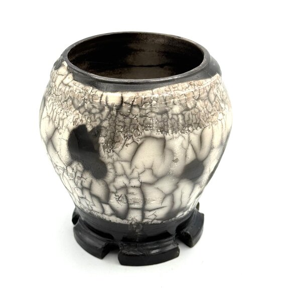 Hikari Raku Pottery Hand Made Horse Hair Design Bow/ Vase /Signed - Picture 6 of 7